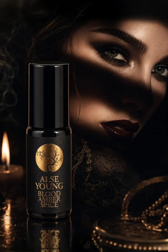 Dark, mysterious beauty and perfume oil bottle.