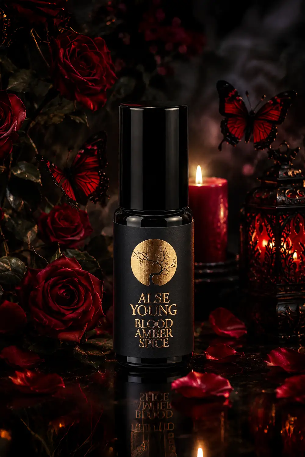 Dark, romantic setting with perfume oil bottle.