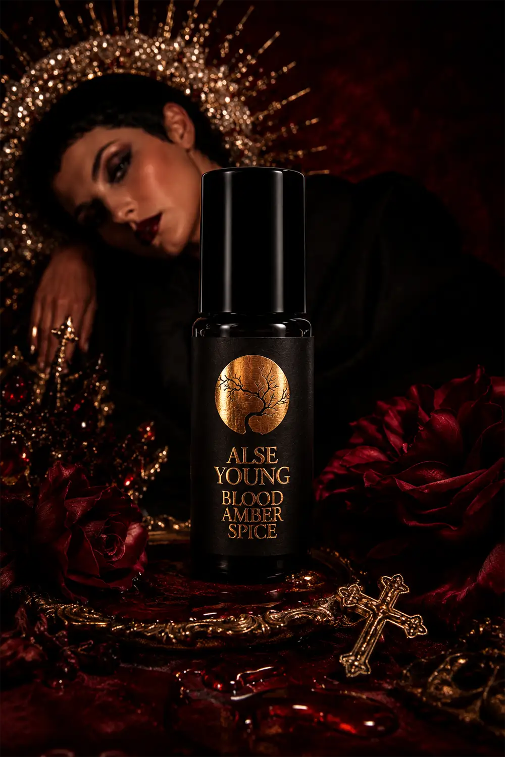 Dark aesthetic with perfume oil and roses.