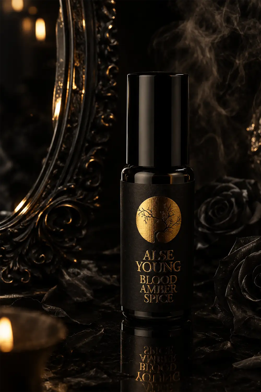 Dark, elegant perfume oil bottle with reflections