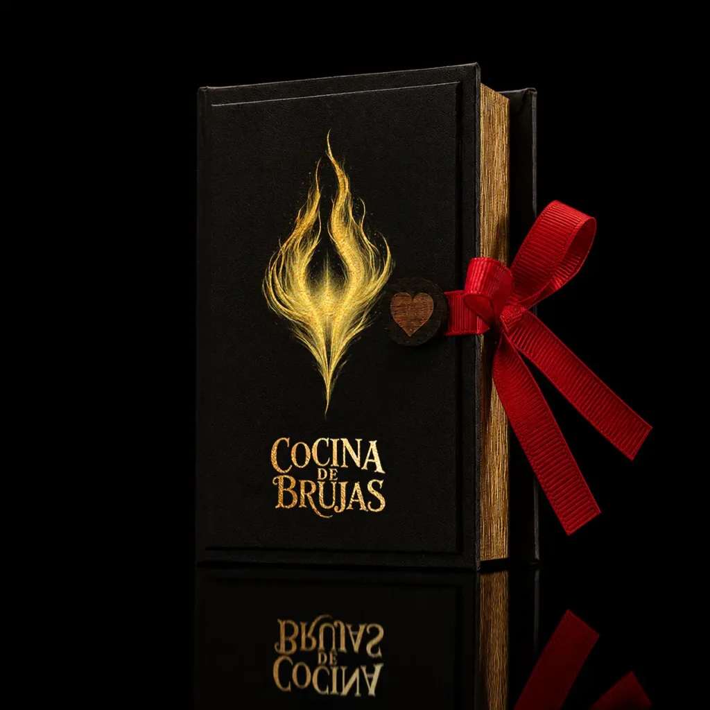 Grimoire book box with Cocina de Brujas flame logo