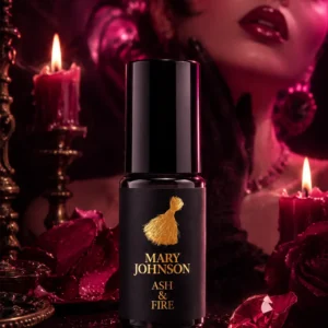 Mary Johnson perfume oil editorial image with Elegant perfume bottle dark ambiance