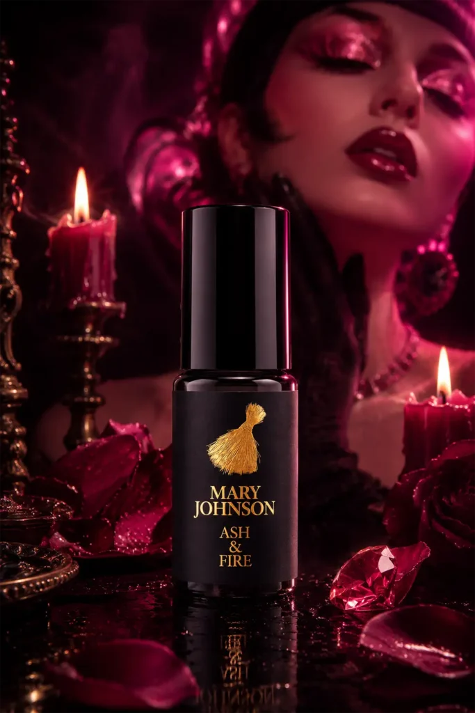 Mary Johnson perfume oil editorial image with Elegant perfume bottle dark ambiance