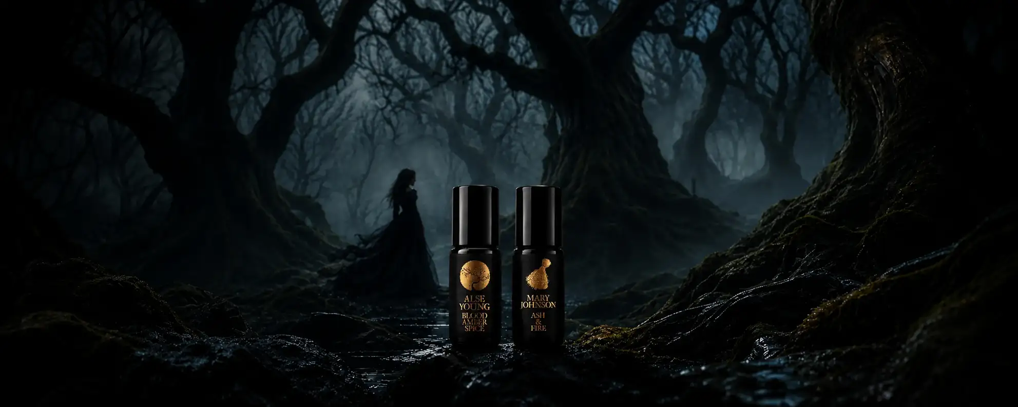 Dark forest with perfume oil bottles