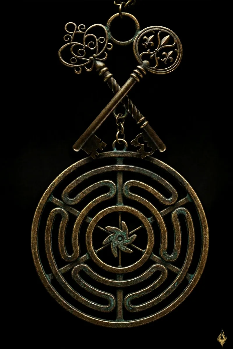 Two ornate antique bronze keys crossed above a bronze pendant engraved with Hecate's wheel, a labyrinth of curved channels around a small star, on a black background.